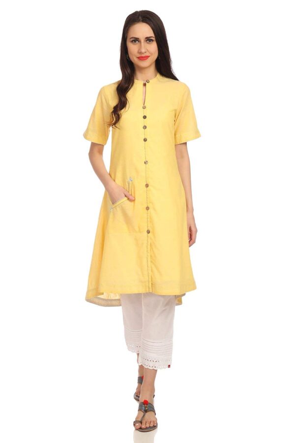 BIBA Women's Yellow A-Line Cotton Yarndyed Kurta