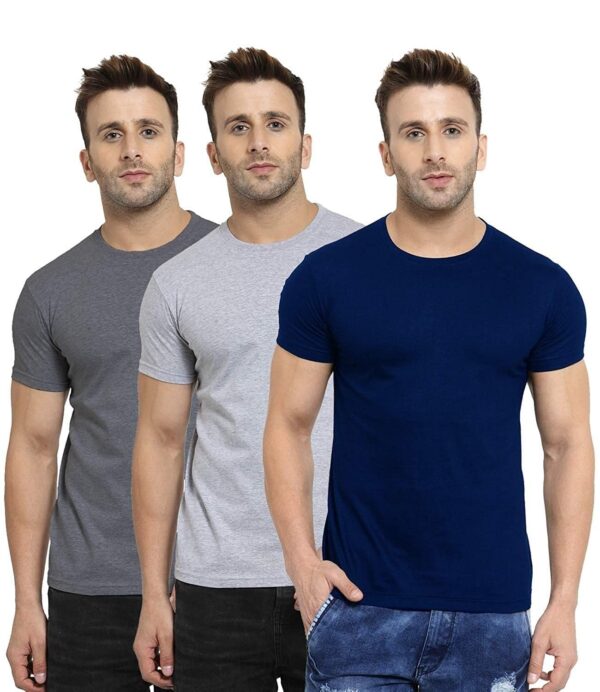 Scott International Men's Regular Fit T-Shirt - Cotton Blend, Half Sleeve, Round Neck, Stylish, Solid Plain T-Shirts for Men, Mens t Shirt - Pack of 3 (Navy Blue,Charcoal & Grey, XL)