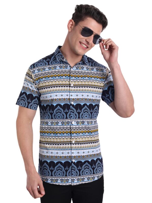 Majestic Man Slim Fit Cotton Casual Printed Shirt for Men (S, Sky Blue)