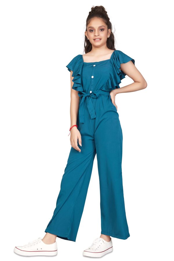 Fashion Dream Girls Front Button Flutter Sleeve Maxi Jumpsuit (Blue_9-10 Years)