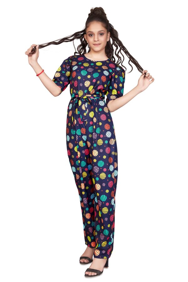 Jwalin Girls Colorful Polka Printed Long Jumpsuit (Navy Blue_9-10 Year)