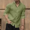 Men's Solid Linen Cotton Shirt | Casual | Plain | Full Sleeve | Summer-Regular Fit| Men Stylish Shirt | Everyday Formal Wear (in, Alpha, M, Regular, Olive) - Image 3