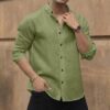 Men's Solid Linen Cotton Shirt | Casual | Plain | Full Sleeve | Summer-Regular Fit| Men Stylish Shirt | Everyday Formal Wear (in, Alpha, M, Regular, Olive) - Image 2