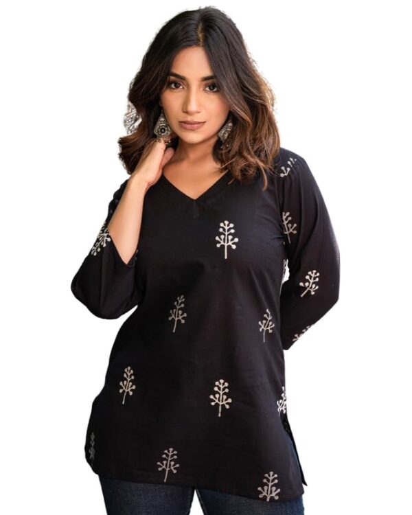 Kashis CreationsFloral Print Rayon Kurta for Women | Regular Fit Top | Stylish Top for Girls | Top for Office | Kurti for Women | Black | 1083-M