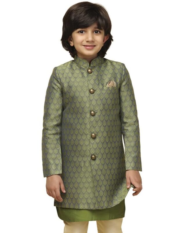 KISAH Kids Sherwani Cotton Blend Woven Design Indo-Western Sherwani for Kids, Green, 7-8 Years