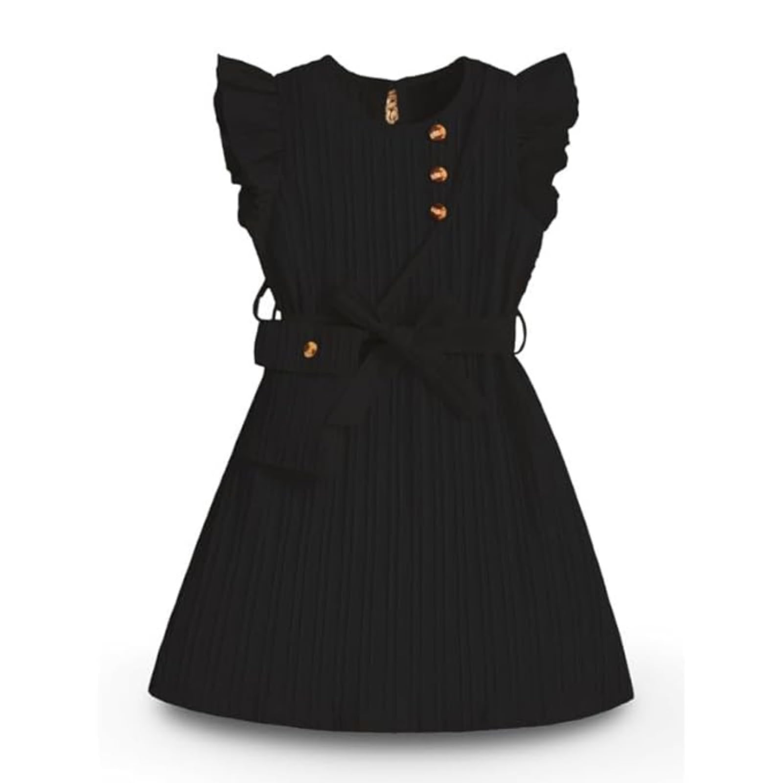 Niren Enterprise Girls Black Striped Round Neck Sleeveless Kids Dress with Waist Belt and String Purse