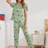 SMOWKLY Printed Round Neck Short Sleeve Nightsuit Set | Pajama Set | Night Dress for Women (1024_GRN_3XL) Mint Green - Image 3