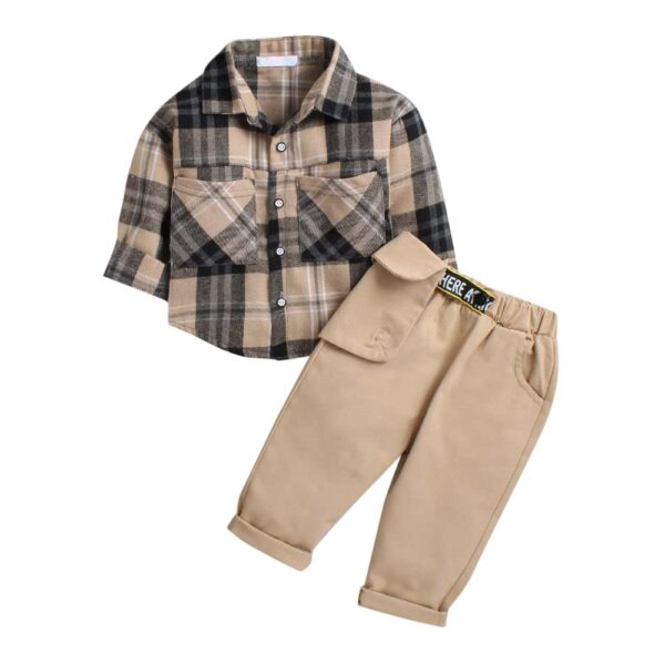 Hopscotch Cotton Boys Khakiplaid Printed Shirtpant Set In Beige Color For Ages 12-18 Months