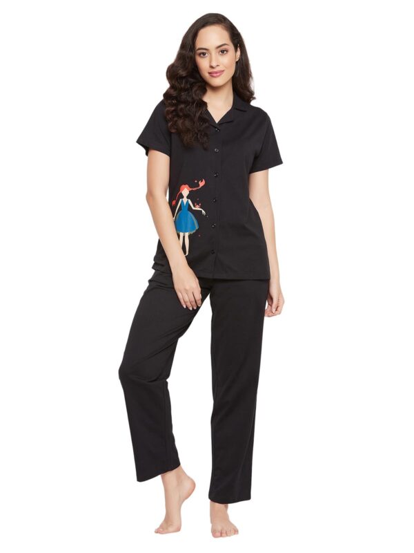 Clovia Night Suits for Women, Night Dresses for Women, Pyjama Set for Women, Cotton Night Suit for Women, Night Wear for Women, Lounge Wear Set for Women - Printed Shirt & Pyjama (LS0025D13_Black_L)