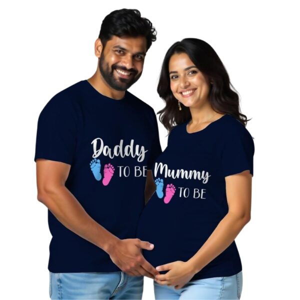 Bouncy Toonz Maternity Regular Fit Tshirts Couple Dress Cotton Half Sleeve Pregnancy Announcement Mom to Be Maternity Couple Tshirt for Photoshoot Pack of 2 (cus-matcouple-dadmom2be-Navyblue)