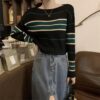ICW Acrylic Women's Knit Loose Fit Boat Neck Drop Shoulder Crop Top Pullover Sweater (ONE Size Fit Bust 32-36 INCH) (Black) - Image 2