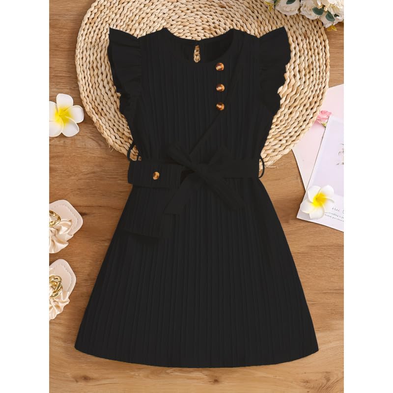 Niren Enterprise Girls Black Striped Round Neck Sleeveless Kids Dress with Waist Belt and String Purse - Image 3