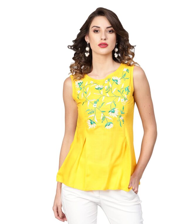 Yash Gallery Rayon Blend Women's Rayon Slub Embroidered Straight Top for Women (1066YKYELLOW_Yellow_Medium)