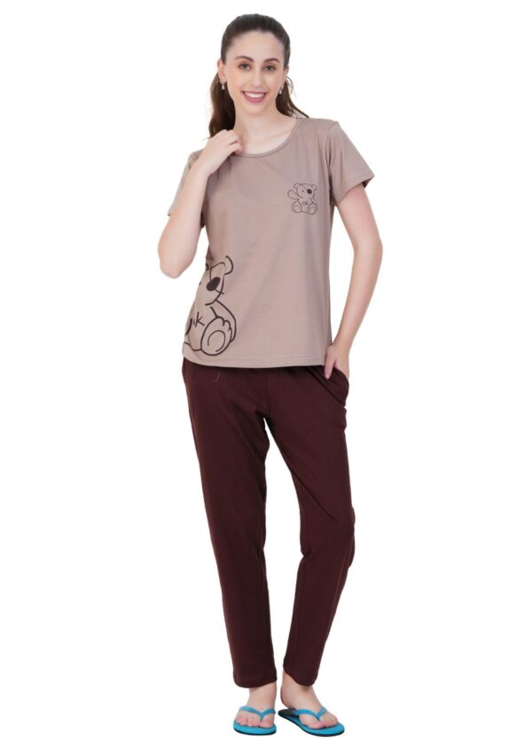 Litelooks Women's Premium Cotton Print Night Suits – Comfortable & Stylish Pajama Set with Pockets (Chocolate, M)
