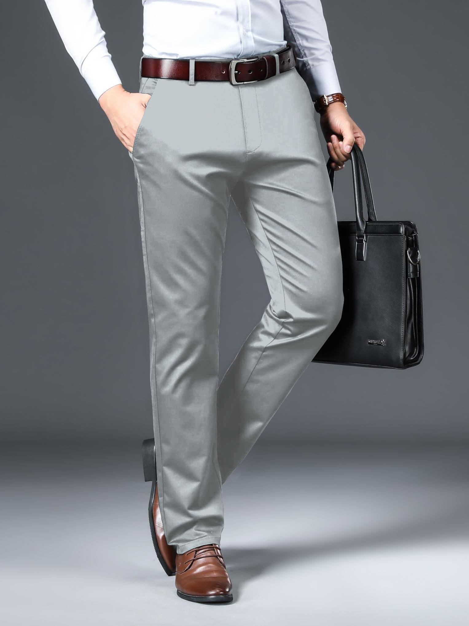 AVANOVA Men's Solid Grey Trousers Light Business Style Slightly Stretch Straight Leg Pants for Outdoor Casual Daily Trouser II Men's Regular Casual Pants Trouser (Trouser 126 Grey-34) - Image 5