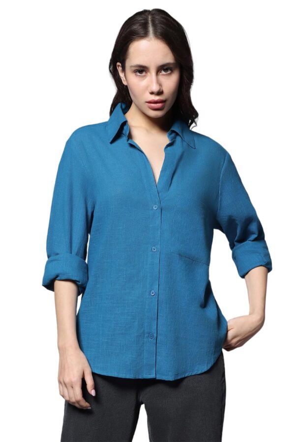 HIGH STAR Women's Cotton Oversized Fit Shirt (HSWSHW23509_BL_Blue, Small