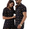 Matching Couple Dress Set, Navy Blue Floral Print Midi Dress and Shirt, Traditional Pattern - Image 3