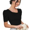 Dream Beauty Fashion Women's Polyester Asymmetric Neck Puff/Balloon Bishop Sleeve Elegant Casual Tee Top, 23" Inches (Top Paris-01-Black-M, Slim Fit),Medium - Image 2