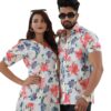 Matching Floral Print Couple Set, White Dress and Shirt with Pink and Blue Flowers, Summer Casual Wear - Image 3