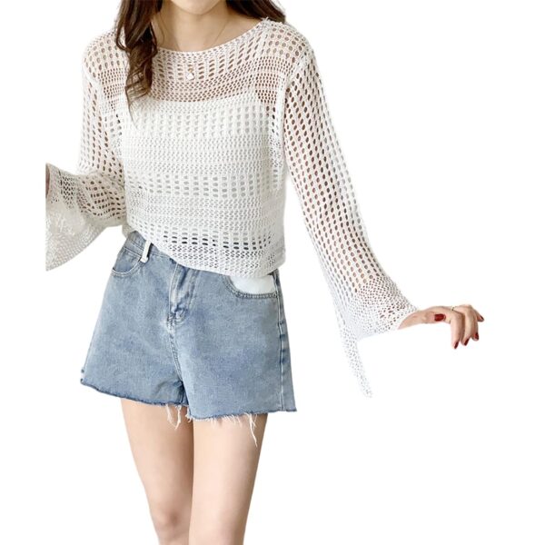 MYSTIFY Women®Short Openwork Sunscreen Knitted Pullover Women Summer Seaside Resort Loose Design Sense Long-Sleeve Sweater Top (White)