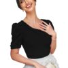 Dream Beauty Fashion Women's Polyester Asymmetric Neck Puff/Balloon Bishop Sleeve Elegant Casual Tee Top, 23" Inches (Top Paris-01-Black-M, Slim Fit),Medium - Image 4