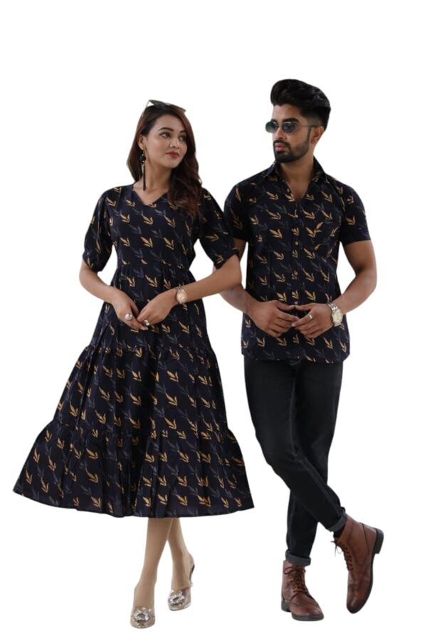 Matching Couple Dress Set, Navy Blue Floral Print Midi Dress and Shirt, Traditional Pattern