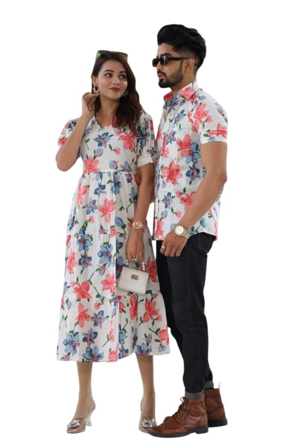 Matching Floral Print Couple Set, White Dress and Shirt with Pink and Blue Flowers, Summer Casual Wear
