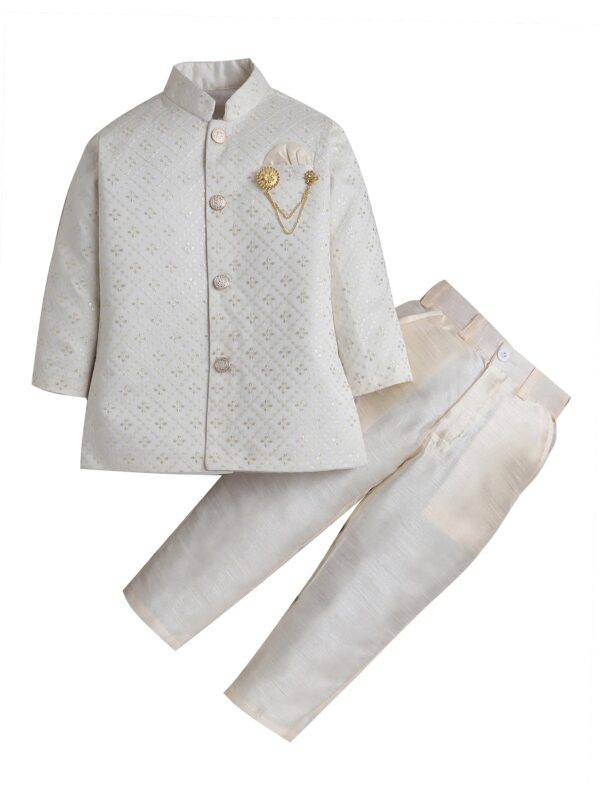AHHAAAA Boy's Cotton 2 Piece Indo-Western Set/Kids Ethnic Wear Jaquard Sherwani, Indian wear - Ideal for any Festivals and Cultural Occasion|Beige, 7-8 Years|