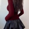 TIVANTE Solid Square Neck Lace Full Sleeve Regular Fit Casual Ribbed Tops for Women (in, Alpha, S, Maroon) - Image 5