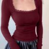 TIVANTE Solid Square Neck Lace Full Sleeve Regular Fit Casual Ribbed Tops for Women (in, Alpha, S, Maroon) - Image 3