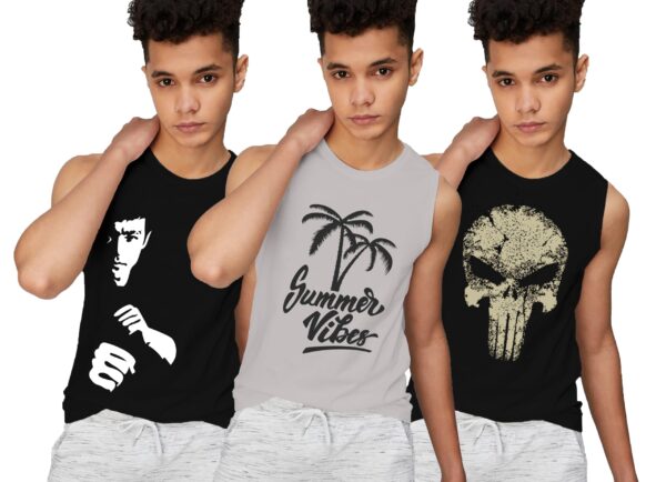 JUGULAR Boys Multicolour Vest Combo (Pack of 3) (Black-Grey-Black, 15-16 Years)