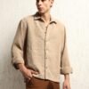 Hubberholme Men Summer Cotton Spread Collar Long Sleeves Oversized Casual Shirt 36 Beige - Image 5