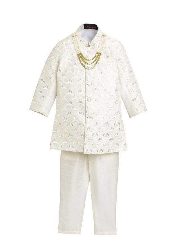 AHHAAAA Kids Ethnic Cotton Silk Blend Sequin Print Indo-Western Sherwani Set for Boys (Cream, 9-10 Yrs) 496MF