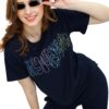 ZEYO Women's Cotton Navy Blue Typography Wide Bottom Night Suit Set of Top & Pyjama - Image 8