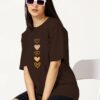 TQH Round Neck Drop Shoulder Brown Graphic Printed Cotton Blend Oversized T-Shirt for Women - Image 5