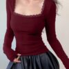 TIVANTE Solid Square Neck Lace Full Sleeve Regular Fit Casual Ribbed Tops for Women (in, Alpha, S, Maroon) - Image 2