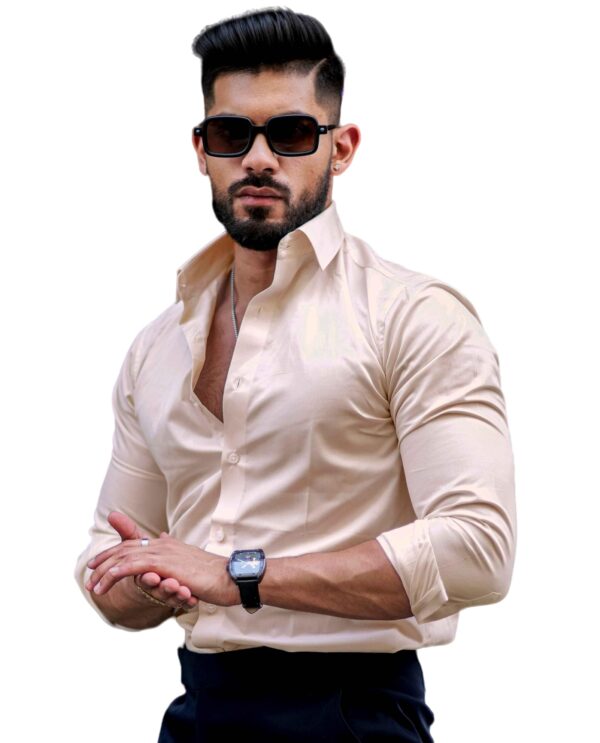 IndoPrimo Men's Casual Solid Satin Shirt for Men Full Sleeves - Crystal (Medium, Cream)