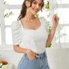 Dream Beauty Fashion Polyester Women's Sweet Heart Neck Puff/Balloon Bishop Sleeve Elegant Casual Tee Slim Fit Top, 23" Inches ( Top Mentos-01-White-Large) - Image 7