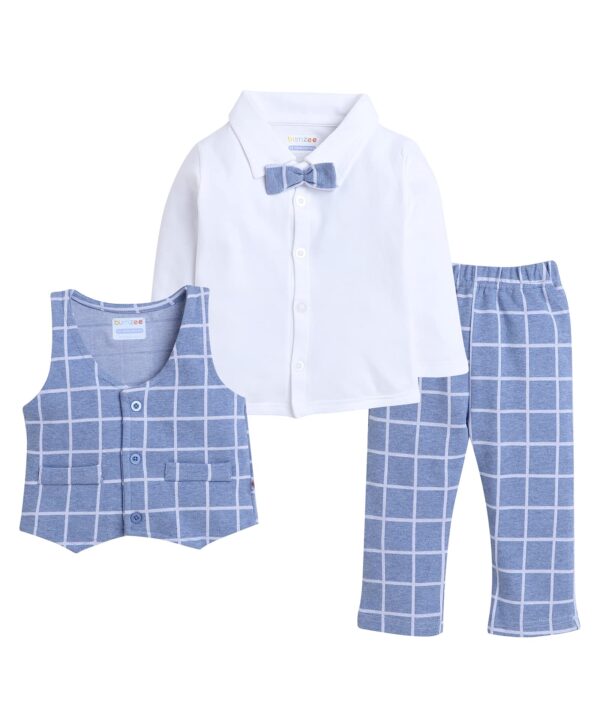 BUMZEE Unisex Cotton Sky Blue & White Boys Full Sleeves Shirt Waistcoat & Pant Set with Applique Bow Age-2-3 Years