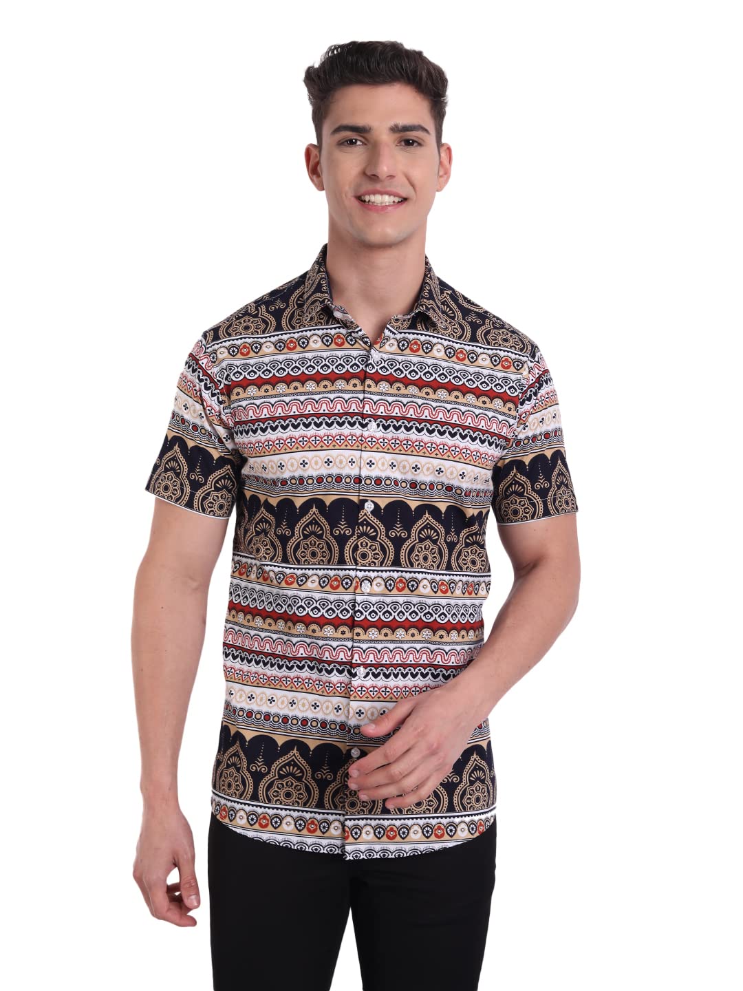 Majestic Man Slim Fit Cotton Casual Printed Shirt for Men (M, Beige) - Image 7