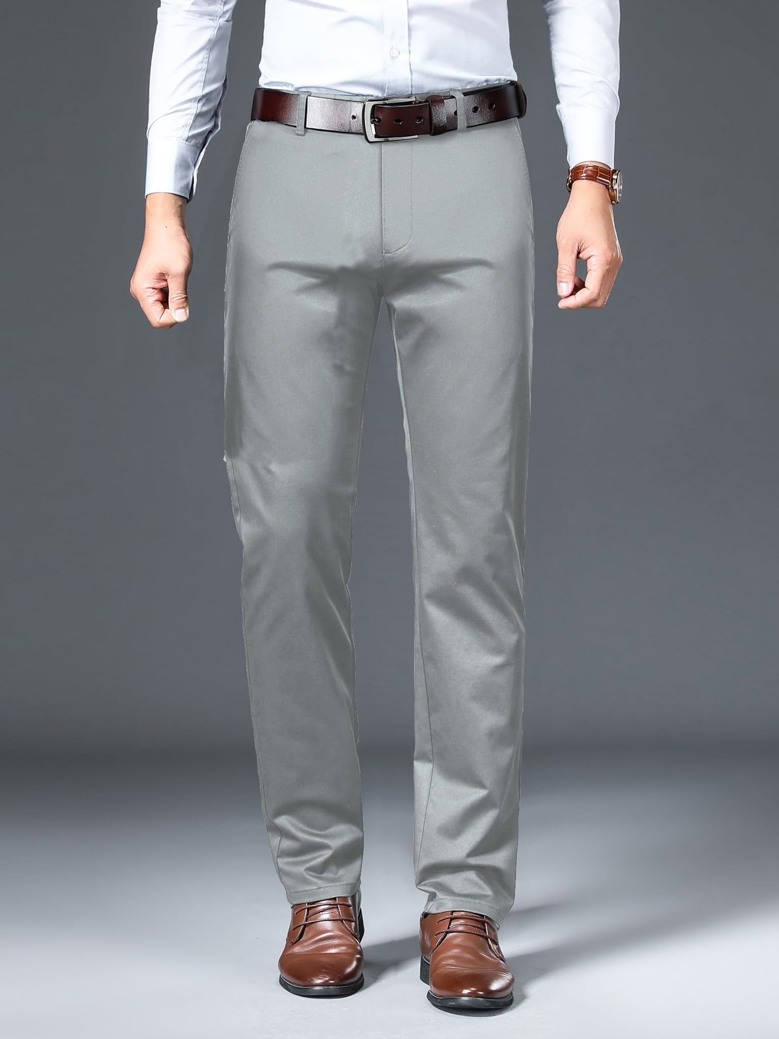 AVANOVA Men's Solid Grey Trousers Light Business Style Slightly Stretch Straight Leg Pants for Outdoor Casual Daily Trouser II Men's Regular Casual Pants Trouser (Trouser 126 Grey-34) - Image 6