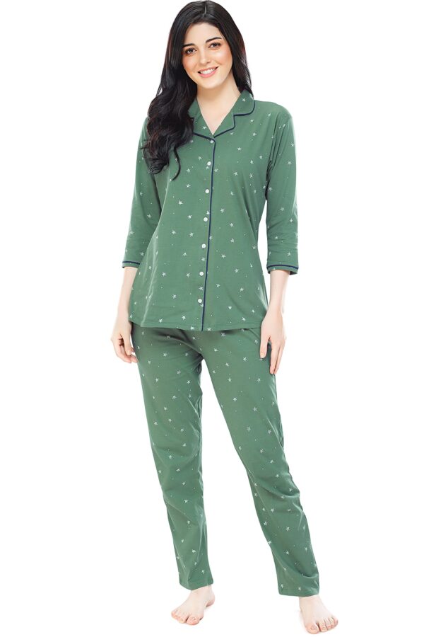 ZEYO Women's Cotton Star Printed Green Pajama Set Night Suit Set of Shirt & Pyjama 5271, Small