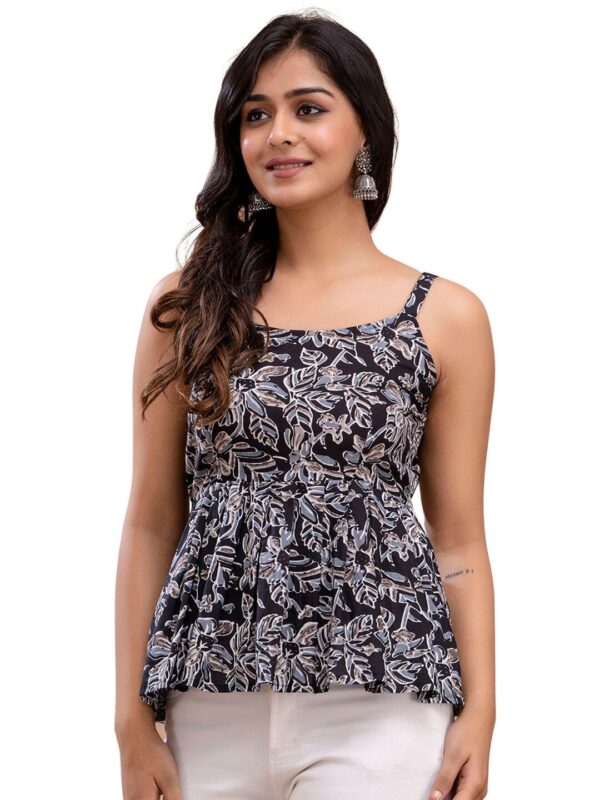 feranoid Women Cotton Printed Sleeveless Strap Peplum Top