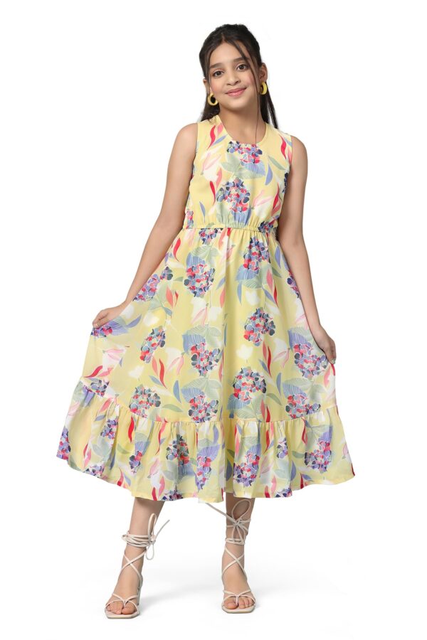 Fashion Dream Girl's Printed Calf Length Fit And Flare Dress (FDGFRK00335 YLW 28_Yellow_7-8Years)