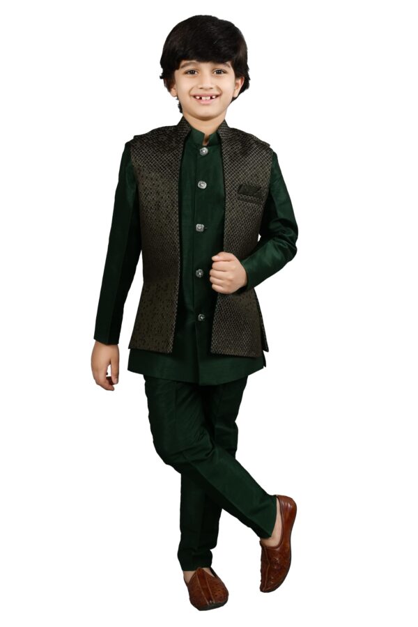 AHHAAAA Kids Ethnic Silk Blend Waistcoat Kurta Pyjama 3 Piece Sherwani Set For Boys |Green 4-5 Years, 540|