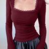 TIVANTE Solid Square Neck Lace Full Sleeve Regular Fit Casual Ribbed Tops for Women (in, Alpha, S, Maroon) - Image 4