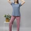 DZZO Women's Cotton Printed Night Suit Set of Shirt & Pyjama, Night wear Dress, Relaxed wear for Women/Girls, Size - S, Color - Blue - Image 4