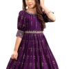 White Button New Wine Ethnic Long Party Kids Gown for Girls Maxi Dress - Image 5