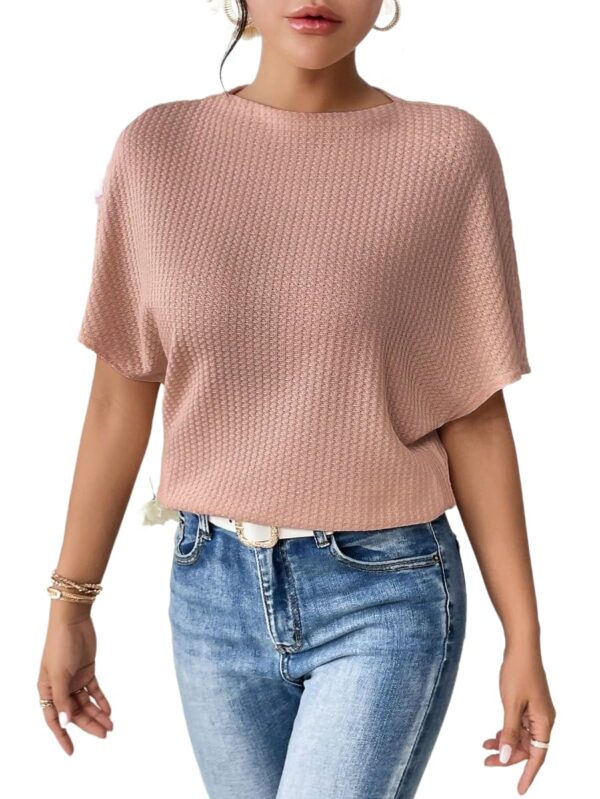 Zilcon Women Fashion Fall Batwing Half Sleeve Shirts Boat Neck Oversized Tunic Tops Casual Waffle Knit Shirts Tops for Women (in, Alpha, L, Dusty Pink)
