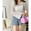 MYSTIFY Women®Short Openwork Sunscreen Knitted Pullover Women Summer Seaside Resort Loose Design Sense Long-Sleeve Sweater Top (White) - Image 3